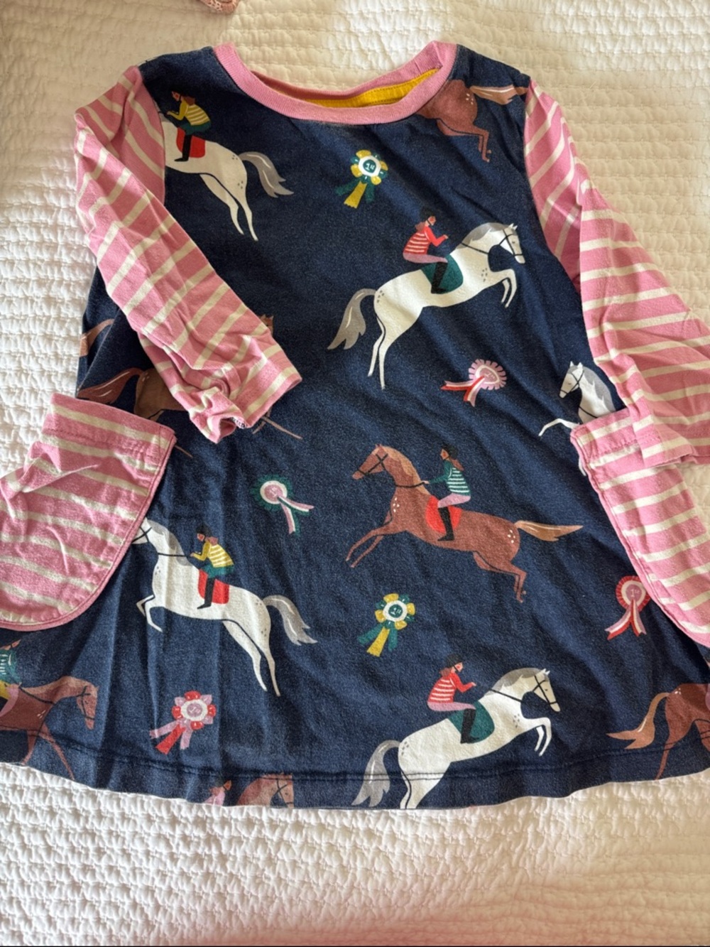 Mini Boden Navy Horse Print Long-Sleeve Top with Pink Stripes, size 4-5Y